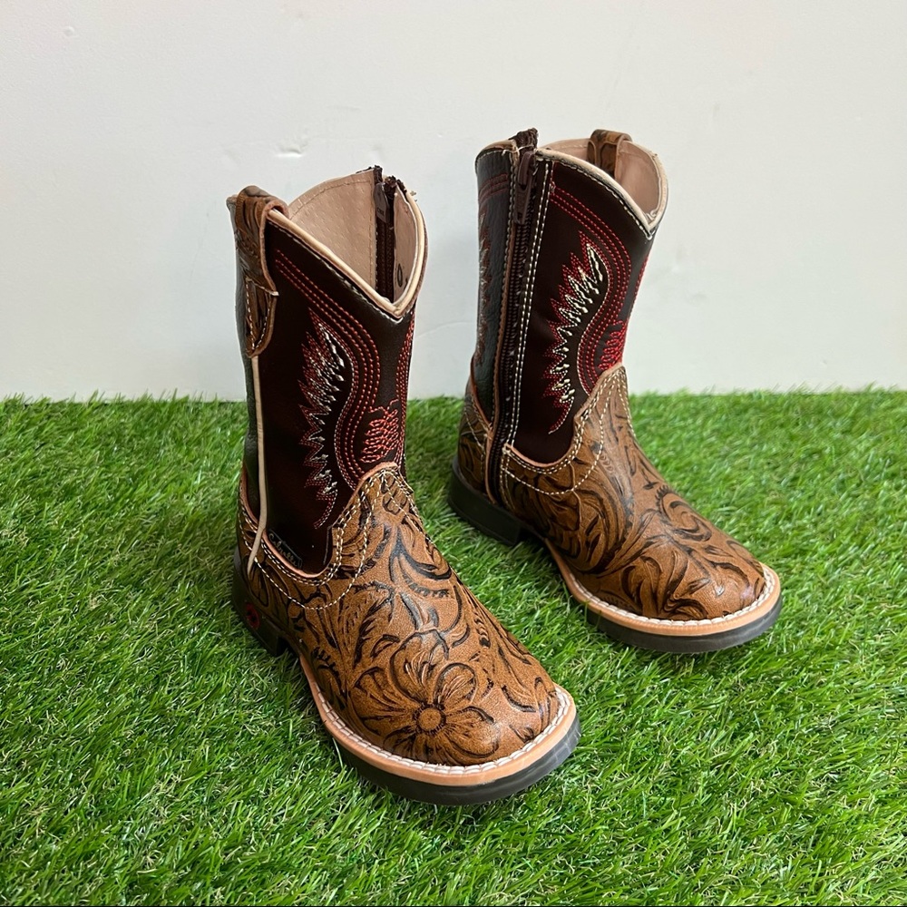 Kid's Western Rodeo Square Toe Genuine Leather Cowboy Boots Bota Niño cincelada - Picture 1 of 8